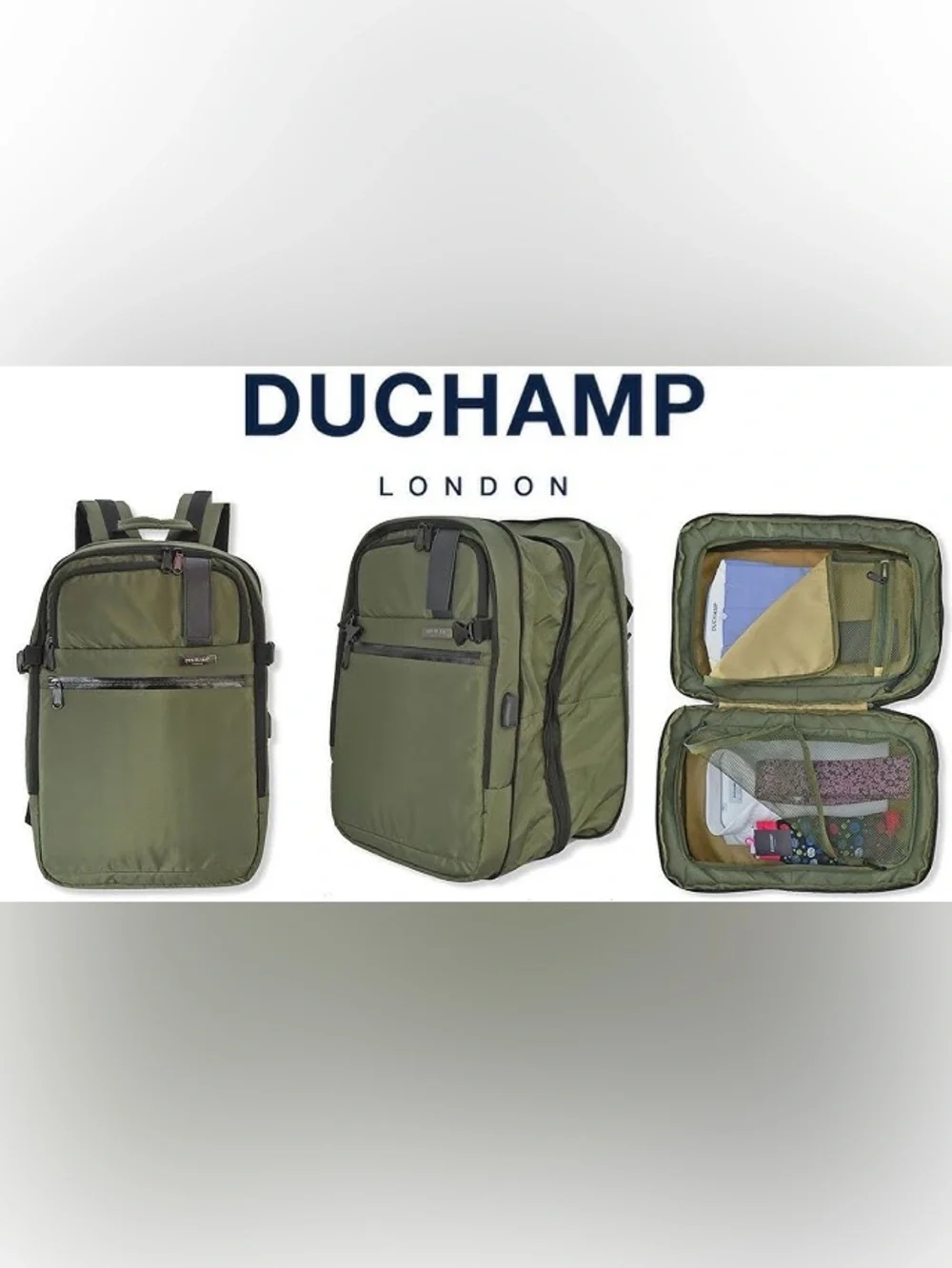 DUCHAMP London Expandable Carry On Travel Backpack suitcase USB in THYME